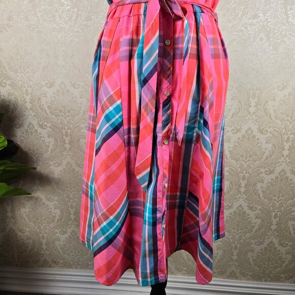 Tommy Hilfiger Size Large Pink Plaid Shirt Dress Button Front Sleevless Cotton - Picture 3 of 12
